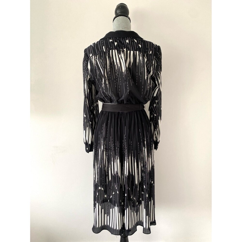 VTG 70's Black and White Pleated Long-Sleeve Shirt Dress with Contrast Belt Sz S - Picture 6 of 11